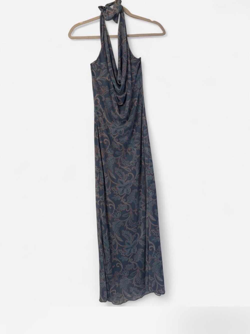 Halter Neck Floral Maxi Dress in Charcoal Blue